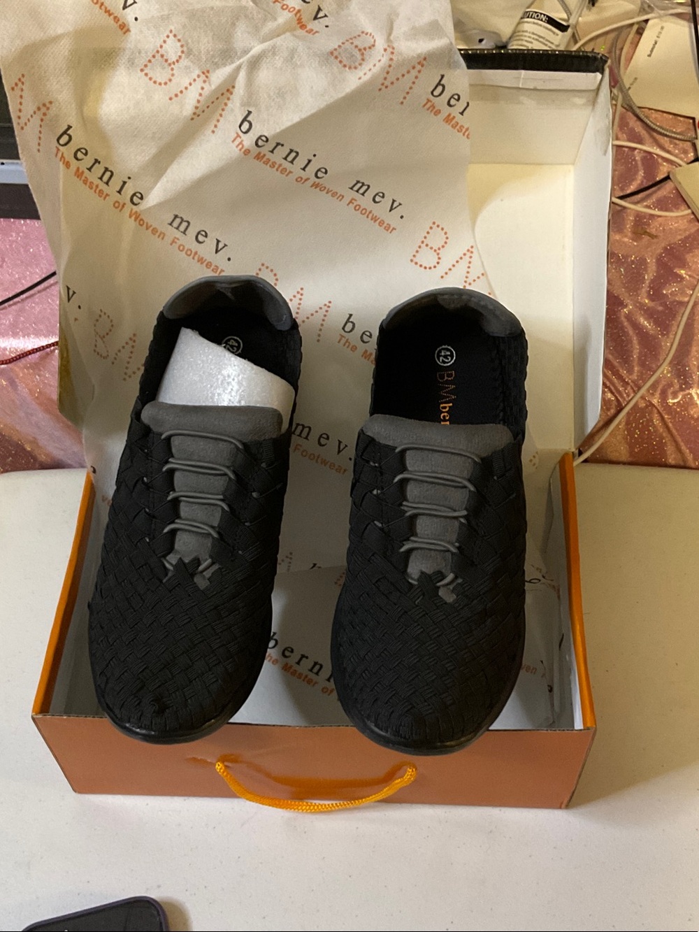 Shoes 12 - bernie mev. Black Woven Slip-On Flats with Gray Tongue